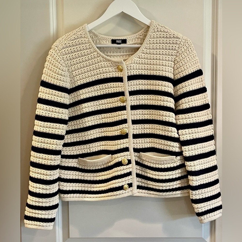 PAIGE Cream & Ink Navy Striped Crochet Cardigan with Gold Buttons